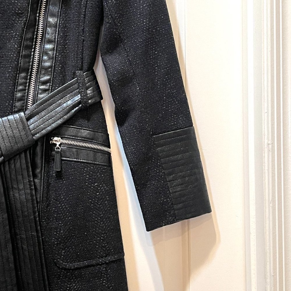 New Via Spiga Coat Petite 4P Black Tweed Fur Collar Leather Asymmetric Zip Wool - Picture 5 of 10